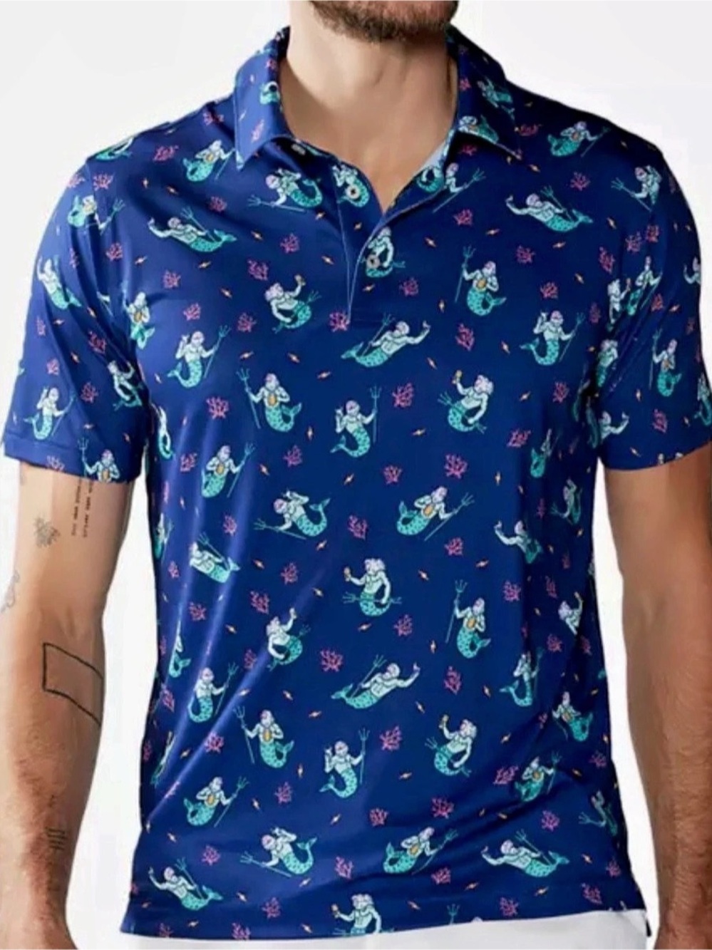 chubbies The Merman Performance Polo Blue & Pink Small “The Triton of the Sea”